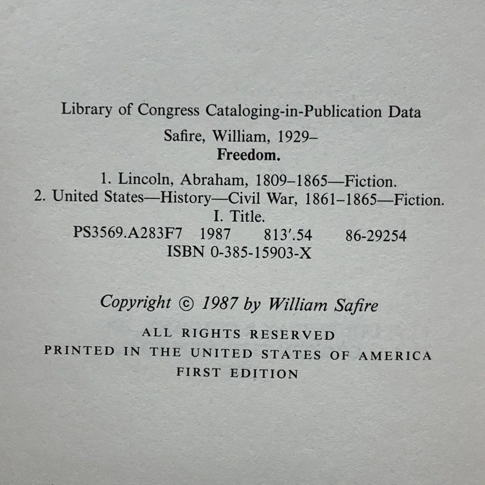 Freedom A‎ Novel of Abraham Lincoln & the Civil War Safire First Edition 1987